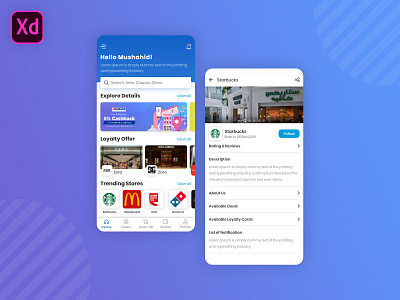 Loyalty App adobe xd app blue bottom bar branding ccd clean clean ui coffee design dominos gradient loyalty loyalty app mcdonalds photoshop search starbucks ui zara