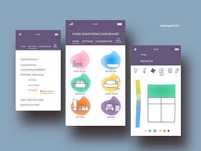 DailyUI021 baby room bathroom bedroom blinds fan garage home home monitoring dashboard kitchen light living room lock speaker temperature
