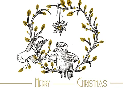 Christmas Card with birds 2d 2d art art birds christmas christmas card christmas flyer christmas tree design gold holly illustration lineart photoshop