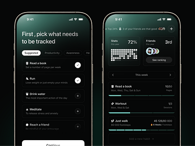 Habit Tracker App Design dark design github green habits hallow onboarding picker product productivity progress social theme tracker ui ux