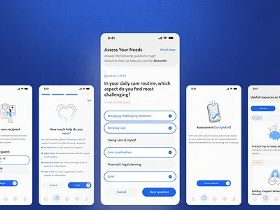 Personalized Caregiving Support | Questionnaire | Healthcare App app blue branding caregivers concept dailyui dementia design emotional support graphic design health healthcare illustration inspiration mobile app progress bar questionnaire quiz selectors support