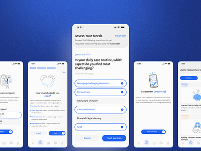 Personalized Caregiving Support | Questionnaire | Healthcare App app blue branding caregivers concept dailyui dementia design emotional support graphic design health healthcare illustration inspiration mobile app progress bar questionnaire quiz selectors support