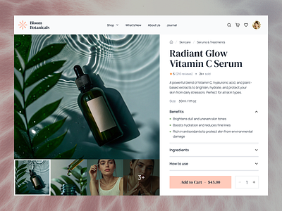 Bloom Botanicals - E-commerce Product Detail Page botanical branding design desktop detail ecommerce elegance minimalism nature product simple skincare ui ui design ux white