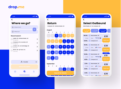 drop.me - Bus sharing app app blue booking bus carpool clean coach figma ios iphone journey mobile orange schedule sharing ticket timetable travel ui ux