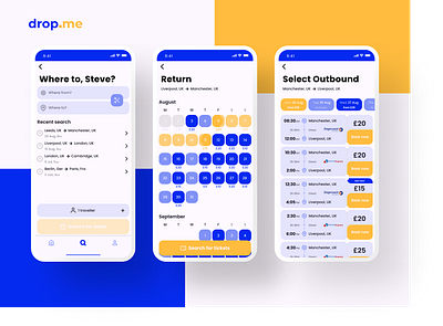 drop.me blue booking bus calendar clean design figma ios journey mobile app orange schedule ticket timetable trip ui ux