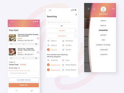 App Streamy (Your Cart, Searching, Left Menu) app app booking event app ticket booking left menu livestream search venue searching ui ux venue your cart your cart venue