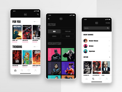 DC Comics (Concept) - Freebie #6 adobe xd app batman book comics filters free freebie freebies harley quinn home joker mobile mobile app search sketch ui ux