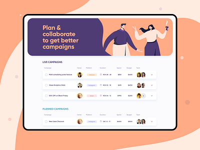 Marketing Campaigns Planning • Web App app budgets campaigns card clean collaboration dashboard illustration management membership modern planning plant tasks team ui ux webapp website