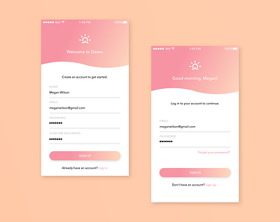 Dawn Sign Up Form — Daily UI adobexd app daily 100 challenge dailyui dailyui 001 dawn app design gradient meditation app mindfulness app minimalist mobile app ui orange pink sign up page signup form ui uiux web