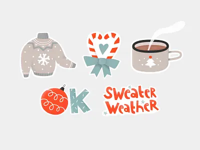 christmas stickers christmas christmas ball cocoa coffee cup design hand lettering heart holidays hygge illustration new year ornament relax snowflake stickers sweater sweets weather winter