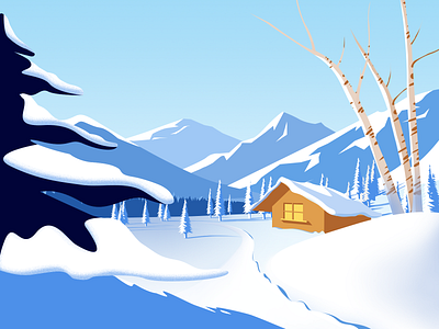 Winter Scene house illustration mountain snow winter woods