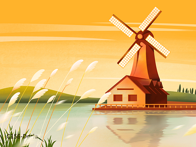 Windmill house illustration lake reed sunset windmill