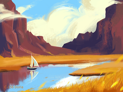 mountain autumn boat illustration landscape mountain river rocks