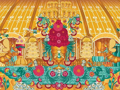 The Queen's Banquet: Galeries Lafayette, Paris 2019 adobe illustrator bees floral flowers galerieslafayette gold illustration paris qcassetti retail table trumansburg visual window