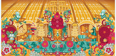 The Queen's Banquet: Galeries Lafayette, Paris 2019 adobe illustrator bees floral flowers galerieslafayette gold illustration paris qcassetti retail table trumansburg visual window