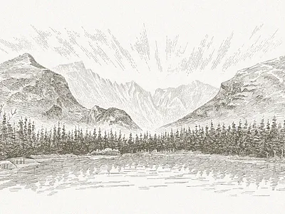 Longs Peak forest landscape line line art line work linework mountains nature outdoors pen and ink traditional trees