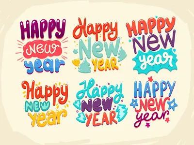 New Year sticker cartoon handwritten happy lettering new year ny sticker vector wishes