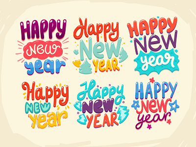 New Year sticker cartoon handwritten happy lettering new year ny sticker vector wishes