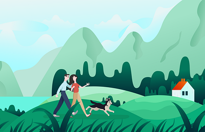 Mountain life dog girl hill house illustration landscape mountain nature summer vector