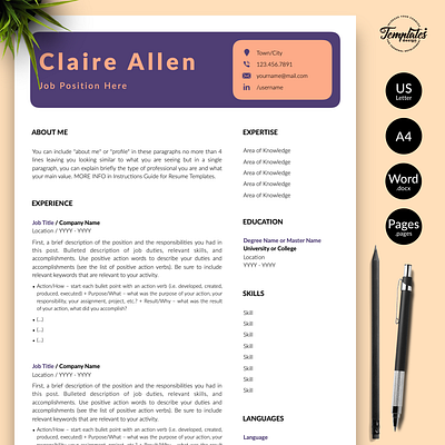 Creative Resume for Word & Pages “Claire Allen” creative cv creative resume cv template instant download modern cv modern resume one page resume professional resume resume and cover resume design resume for word resume template resume template word resume word template for resume three page resume two page resume