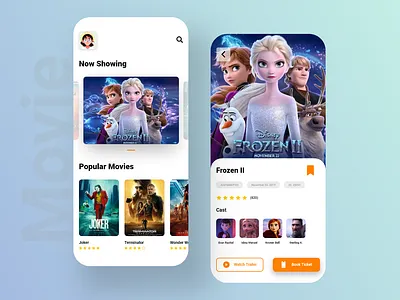 Movie Ticket Booking App UI 2019 trend 3d app application booking branding cinema entertainment frozen minimalist mobile app design movie ticket trending ui ui ux visual design