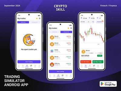 Crypto Skill - Crypto Trading Simulator Android App android app application bitcoin chart crypto dark theme design empty state grid interface learn mobile mobile app design simulation simulator trade trading ui uxui design