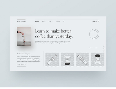 Brand experiments — part 17 aeropress blog blog design blog post blue brand identity chemex clean ui coffee css grid figma illustration landing page minimal minimalism minimalist type typography web design webflow