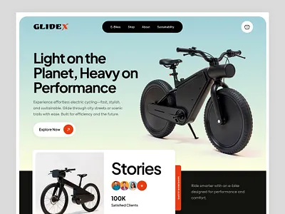 GLIDEX - Electric Bike Landing Page bicycle bike charging clean cycling design electric electric bicycle electric bike electricity ev fresh home page landing page minimalist ride stylish website website design