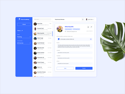 Testimonial Review Panel - Prism Academy academy admin panel dashboad design learning platform notification profile rating review ui uiux ux
