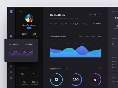 Snowboarding Dashboard Dark account app charts clean concept dark dashboard data graph icons interface minimal product design profile statistics stats ui user ux web