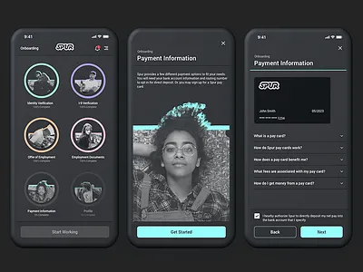 Spur Onboarding app apple branding dark mode dark ui design hiring illustration interaction design ios material onboarding onboarding screens pay payment ui ux visual design walkthrough