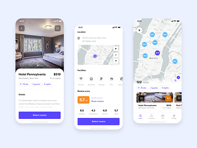 Hotel app 2 app app design booking clean design estate hotel hotel app ios iphone x map minimal mobile mobile app mobile ui room simple travel ui ux