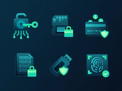 Cybersecurity Icons 1 2d blockchain computer icon crypto wallet cryptocurrency encryption fingerprint fintech flat hacking icon icon set illustration security security app sim card transaction ui ux vector