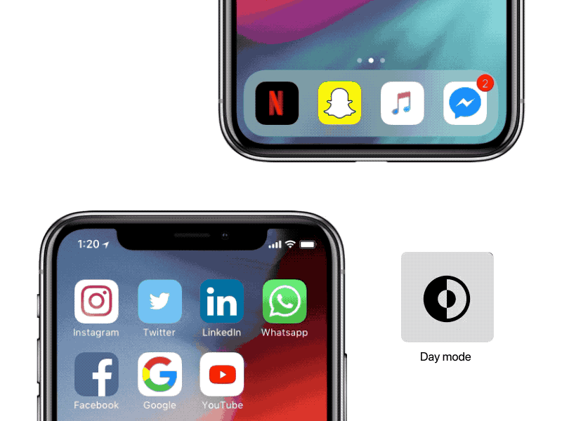 Feature request animation concept facebook homescreen icon instgram ios nightmode toggle whatsapp youtube