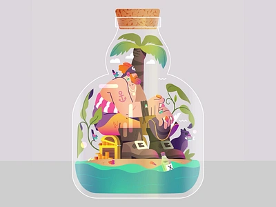 Vivarium -09- bird birds bottle castaway cat cats character coin flat gaspart illustration island jar pirate plant plants sailor shark treasure vector