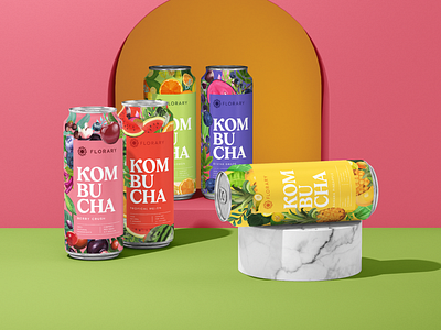 Florary Kombucha Drink Packaging Concept branding can colorful colourful drink drinks eco flowers fruit happy health healthy illustration label luxury natural organic packaging sustainable tropical