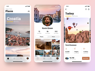 Travel App app book now cards carousel design destination explore favourite gallery icons images ios iphone mobile mobile design profile travel ui ux