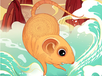 The year of rat in China fairytale illustration landscape mountain mouse rat sea