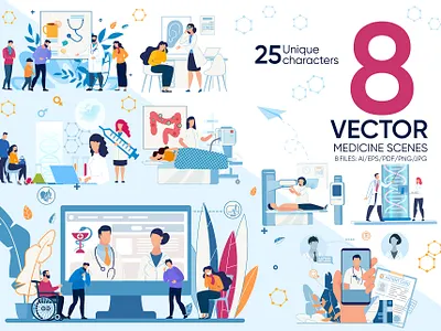 Medicine Vector Scenes adult aid analysis care doctor experiment flat health illustration lab medic medical medicine physician practice scene science vector visit woman