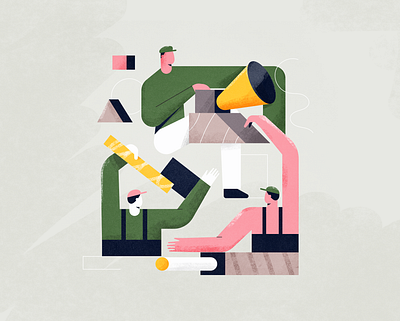 Workers analog brushes coworking flat geometric grain illustration people shapes together working