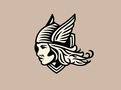Valkiria branding coat of arms design girl hair helmet icon identity illustration logo logo for sale logotype shield valkiria vector viking wings woman