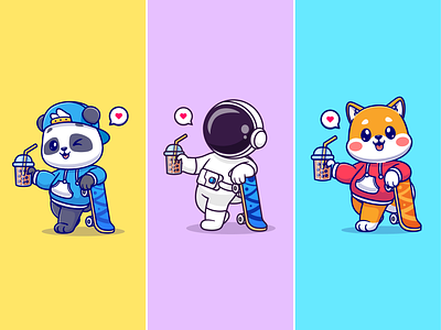 Skateboard🛹🐼🧑🏼‍🚀🐶🧋 animals astronaut boba bubbble tea character corgi cute dog flat game icon illustration logo panda skateboard skateboarding style sweater