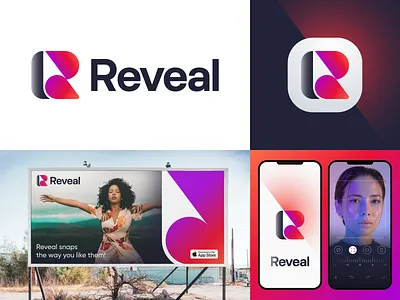 Reveal Branding app branding editing identity illustration letter logo logotype mark paper peel peeling photography r reveal spgmarks symbol typography ui ux