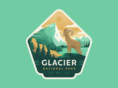 Glacier badge bighorn explore glacier illustration lake logo mountains national park outdoors sheep vector