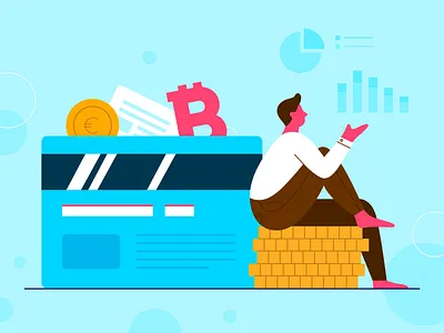 Financial Services Illustration 2d article bitcoin blogpost blue character chart credit card design financial gold illustration marketing men money pink vector