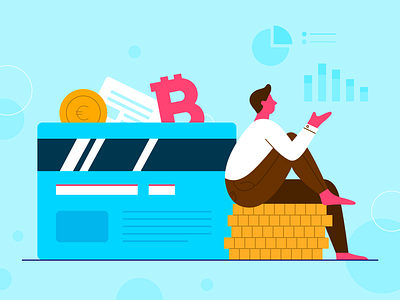 Financial Services Illustration 2d article bitcoin blogpost blue character chart credit card design financial gold illustration marketing men money pink vector