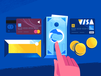 Money etc. 2d art blue cards coins dollars flat design gold hand illustration master card visa