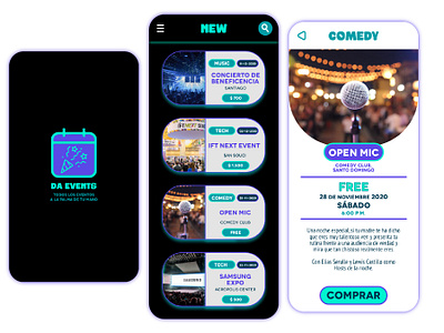 Mobile app - Da Events adobe xd app branding event event app graphic graphic design illustration illustrator neon colors night ui ux vector web