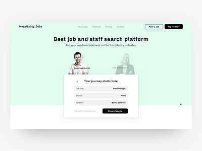 Homepage for job/staff search platform animation application candidate digital employer enterprise form hiring homepage interaction interface job offer landing motion registration resume service vacancies