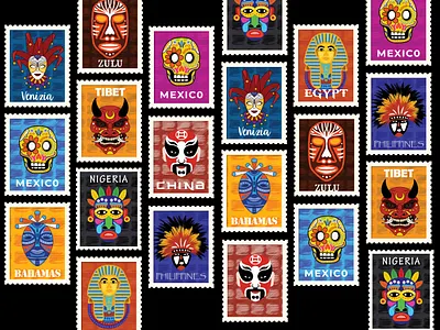 Masked #03 bahamas china countries culture flat illustration layout mask mexico nigeria procreate stamps tibet typogaphy vector venice